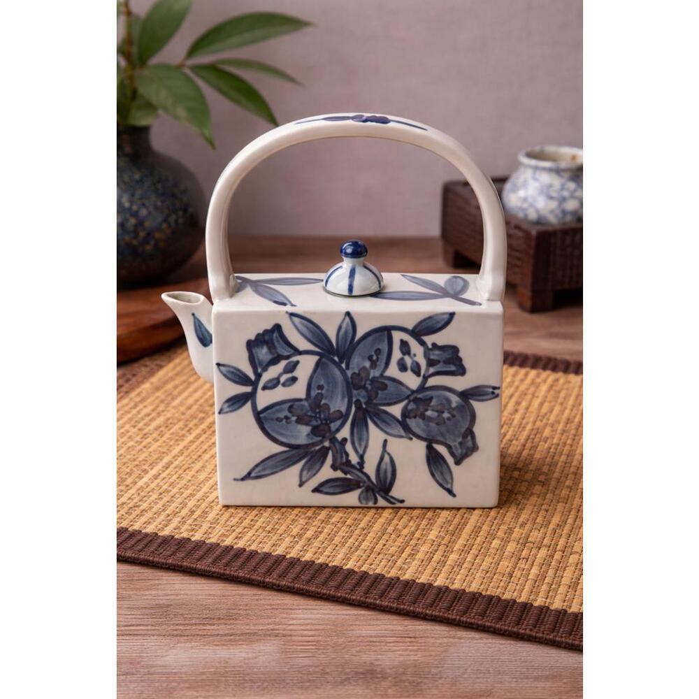 Vintage Japanese Seto Style Square Teapot Blue White Ceramic Floral Decorative